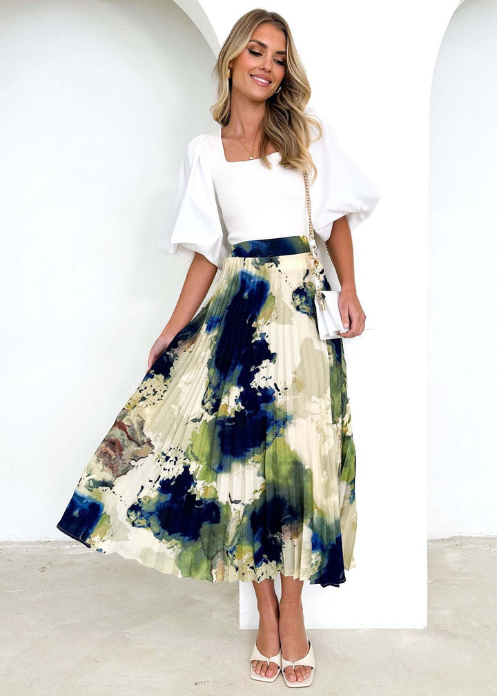 Damen Eleganter Plissee-Rock mit floralem Design und elastischem Bund Drune