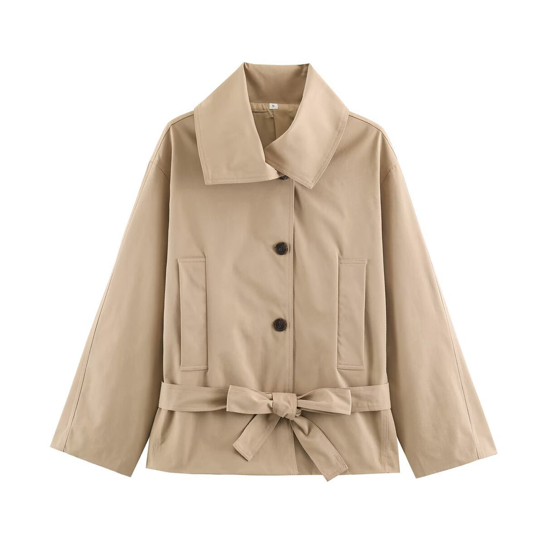 Damen Kurze taillierte Trenchjacke mit Bindegürtel und weitem Reverskragen Drune
