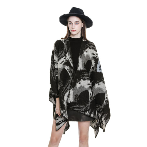Damen Oversize-Jacquard-Umhang aus Wollmix mit grafischem Aquarellmuster und Kettelkante Drune