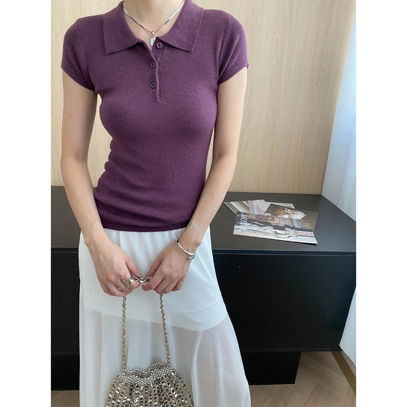 Damen elegantes Polo-Shirt aus hochwertigem Strick mit Knopfdetail Drune