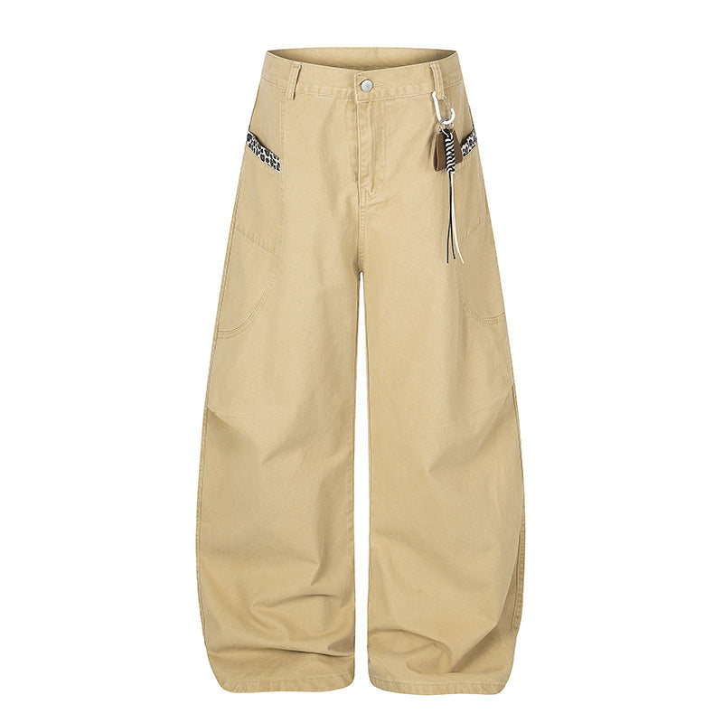 Damen Extraweite Palazzohose mit hoher Taille, Cargo‑Taschen und dekorativem Schlüsselanhänger Drune