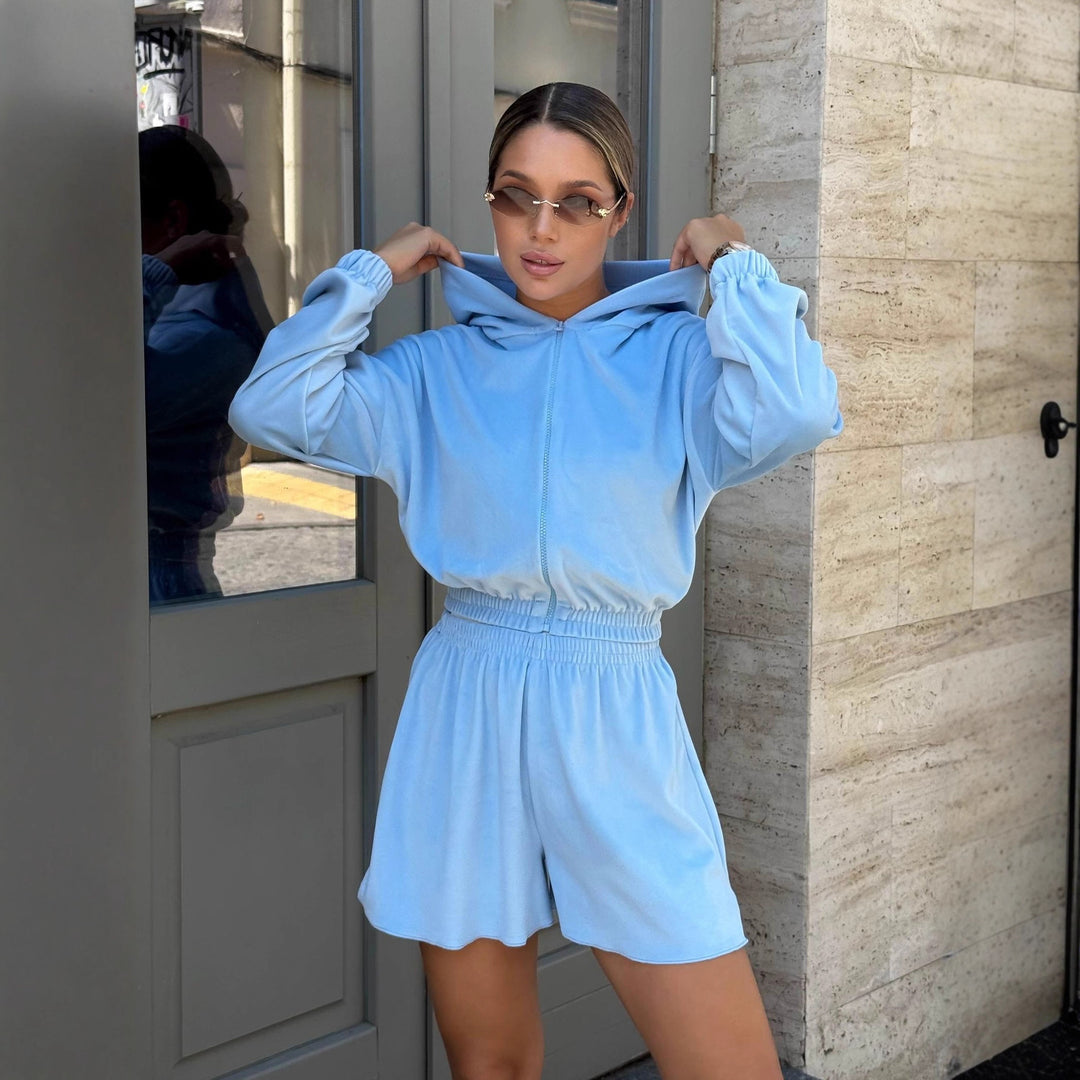 Damen kurzes Samt-Kapuzen-Set mit Reißverschluss und taillenbetonter Gummibund-Shorts Drune