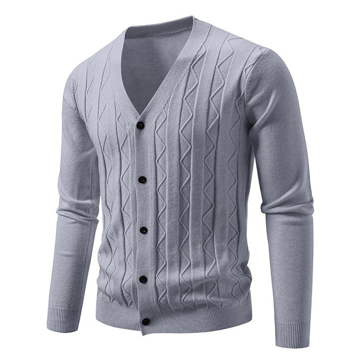 Herren nan V-Ausschnitt Strickjacke mit dezenter Zopfmusterstruktur und durchgehender Knopfleiste Drune