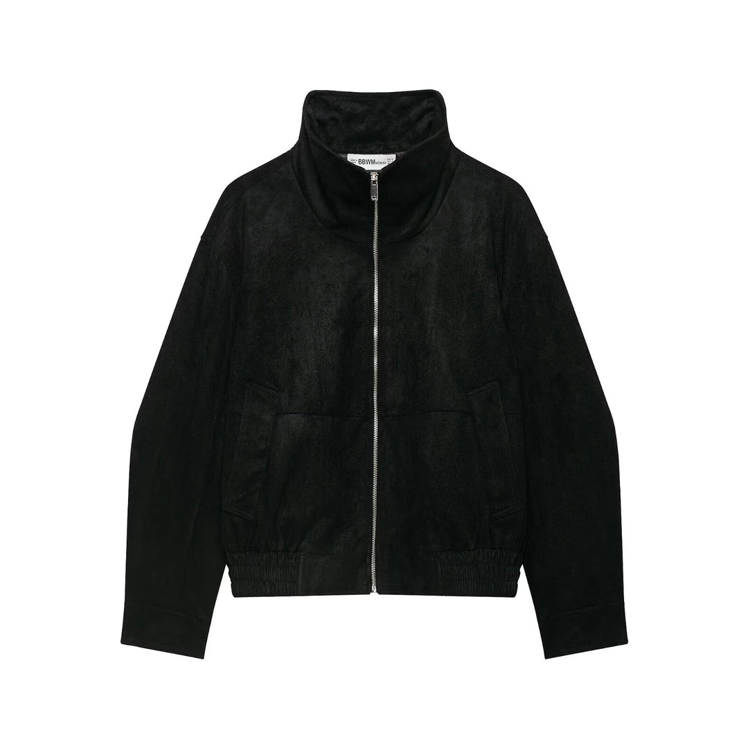 Damen Velourslederoptik Bomberjacke mit Funnelkragen und elastischem Saum Drune