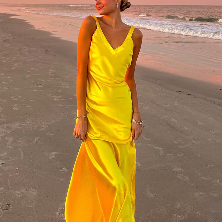 Damen Sommerliches Maxikleid mit elegantem V-Ausschnitt und fließender Silhouette Drune