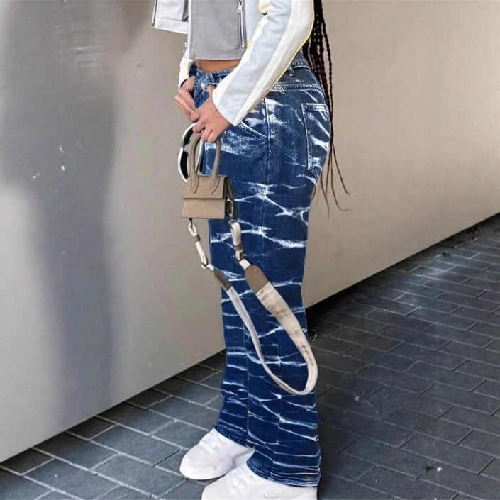 Damen High-Waist Straight-Jeans mit bleached Wave-Muster und Relaxed-Passform Drune