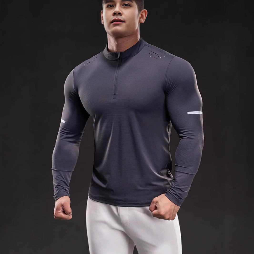 Herren Atmungsaktives Longsleeve Trainingsshirt mit Stehkragen und Kurz-Reißverschluss Drune