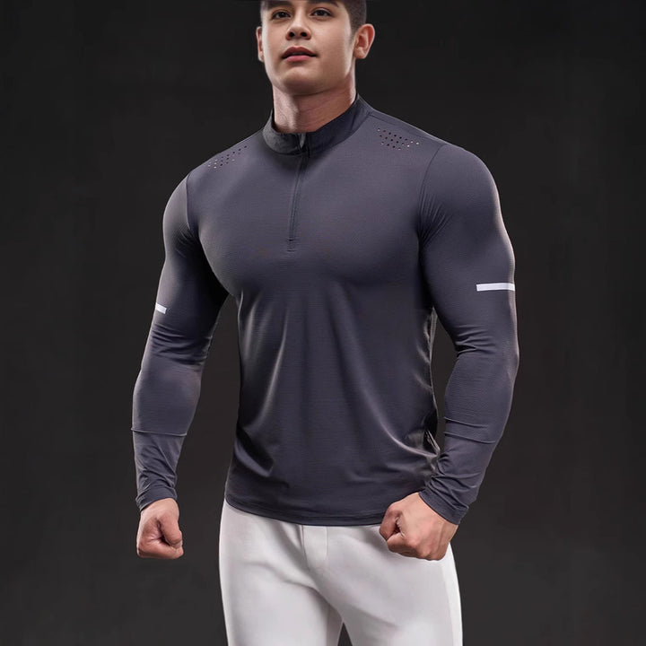 Herren Atmungsaktives Longsleeve Trainingsshirt mit Stehkragen und Kurz-Reißverschluss Drune