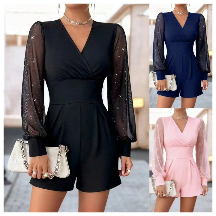 Damen eleganter Jumpsuit mit transparenten Puffärmeln und V-Ausschnitt Drune