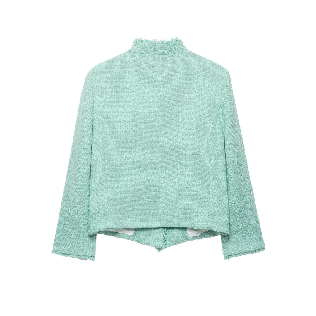 Damen Kurz geschnittene Bouclé-Tweedjacke mit Fransenbesatz und asymmetrischer Knopfleiste Drune