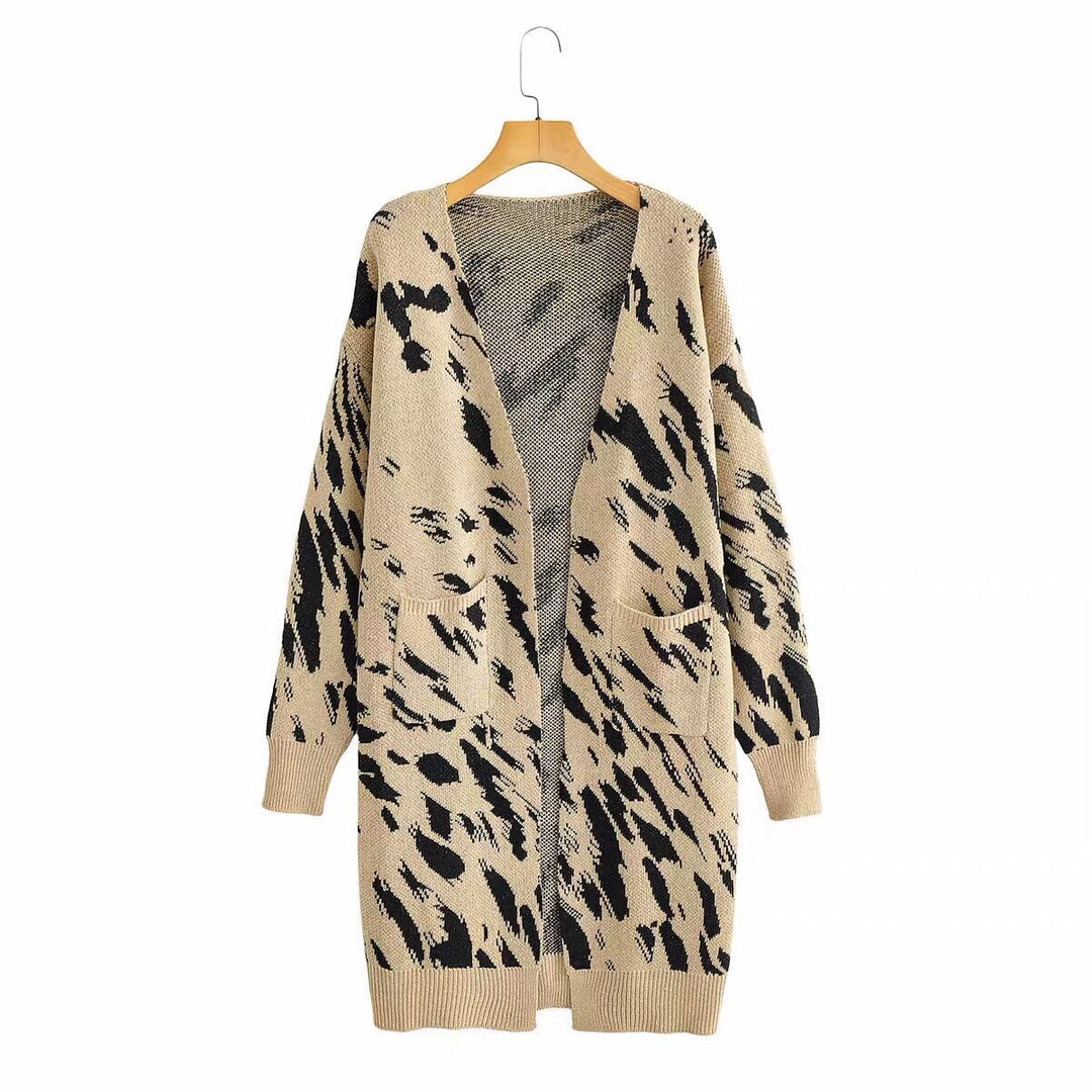 Damen Grobstrick-Cardigan mit modischem Leopardenmuster und praktischen Taschen Drune