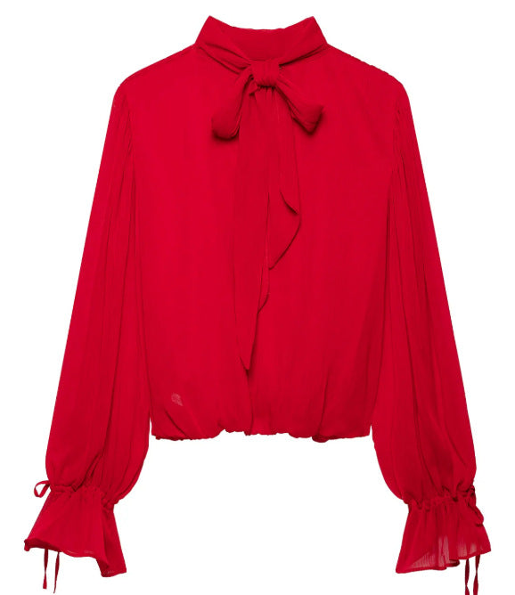 Damen Elegante Chiffon‑Schluppenbluse mit Ballonärmeln und gerafftem Saum Drune
