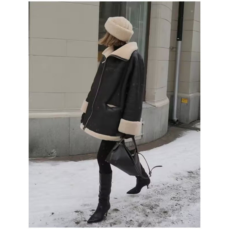 Damen Kunstlederjacke mit gemütlichem Teddyfutter und praktischen Taschen Drune