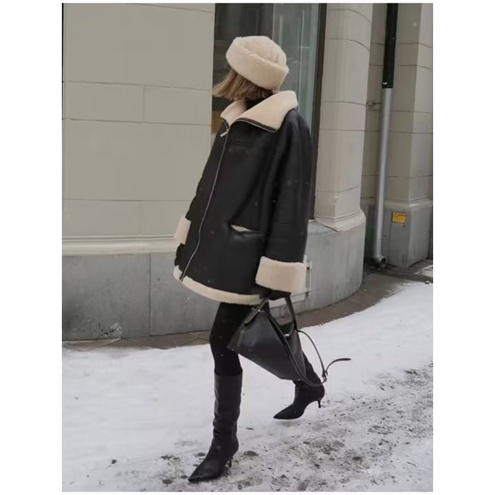 Damen Kunstlederjacke mit gemütlichem Teddyfutter und praktischen Taschen Drune