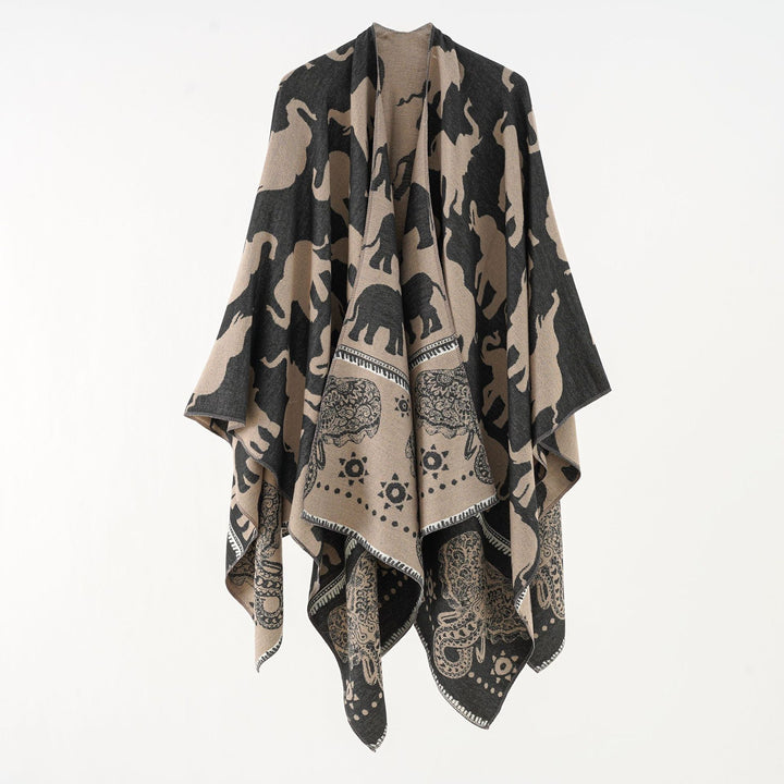 Damen Jacquard‑Ruana mit Elefantenmotiv und ornamentaler Bordüre Drune