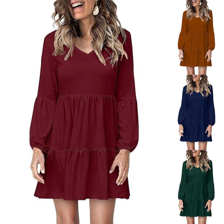 Damen Stufiges Mini-Kleid mit V-Ausschnitt und Ballonärmeln Drune