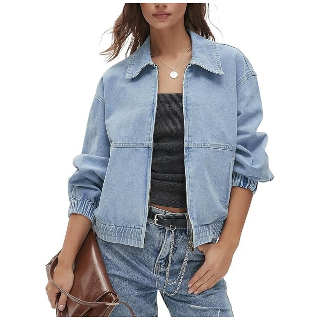 Damen Jeans-Bomberjacke mit Reißverschluss, elastischem Saum und Hemdkragen Drune
