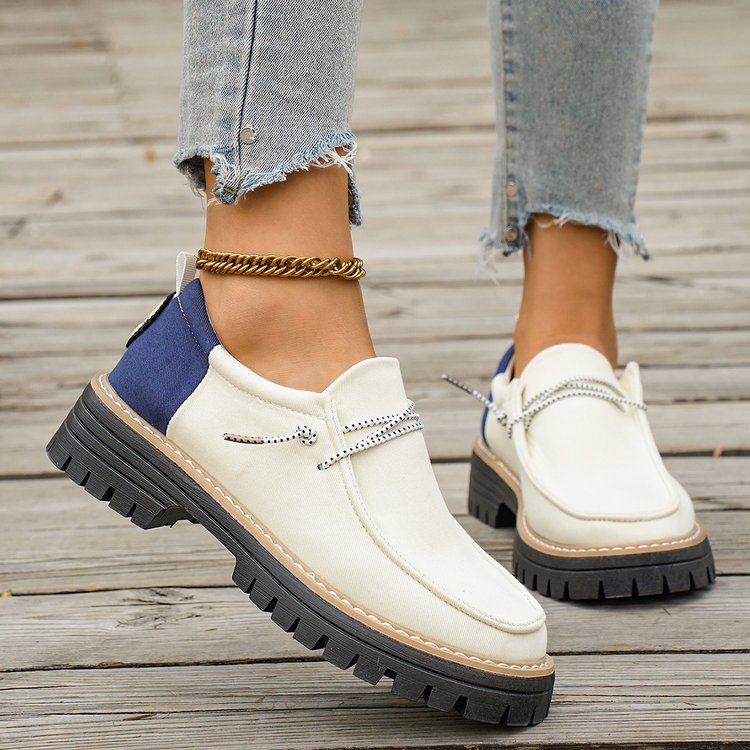 Damen Modische Slipper-Loafer mit grober Profilsohle, Canvas-Obermaterial und dekorativer Kordel Drune