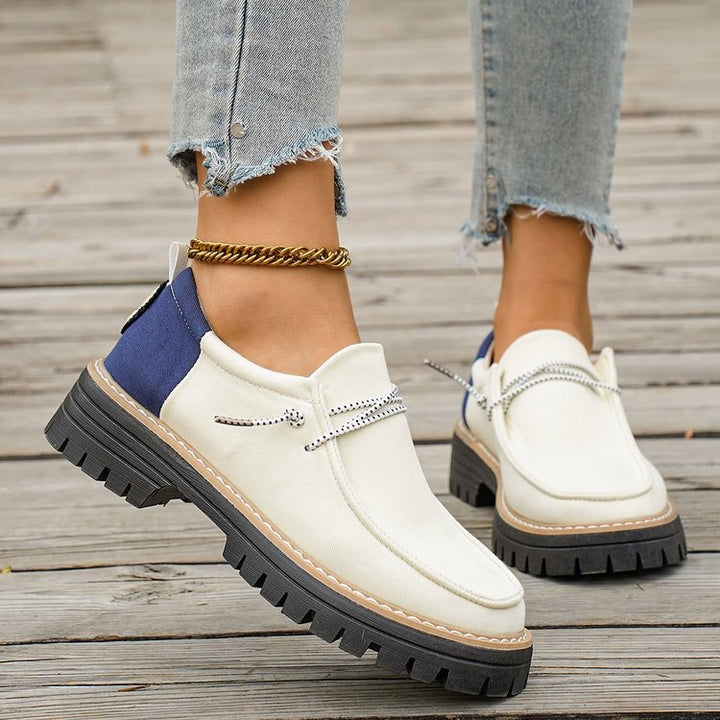 Damen Modische Slipper-Loafer mit grober Profilsohle, Canvas-Obermaterial und dekorativer Kordel Drune
