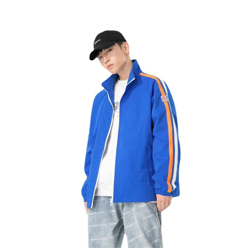 Herren Locker geschnittene Trackjacke mit Stehkragen, kontrastierenden Streifenärmeln und elastischen Bündchen Drune
