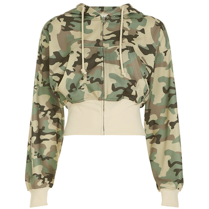 Damen nan kurz geschnittene Kapuzenjacke mit Camouflage-Muster, Frontreißverschluss, Kängurutasche und weitem Rippbund Drune