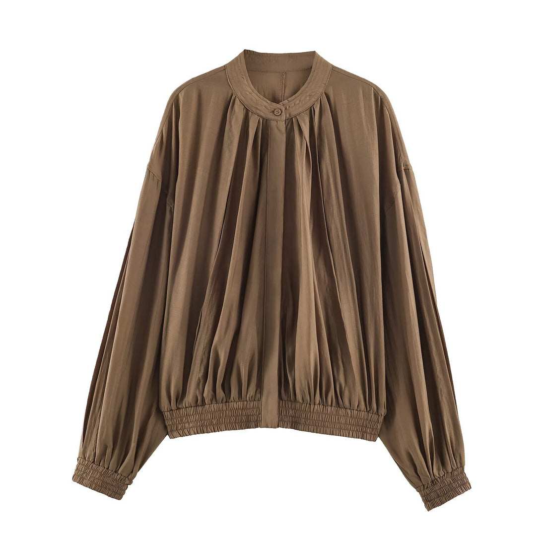 Damen Weites Plissiertes Blouson-Top mit Stehkragen und gesmoktem Saum Drune