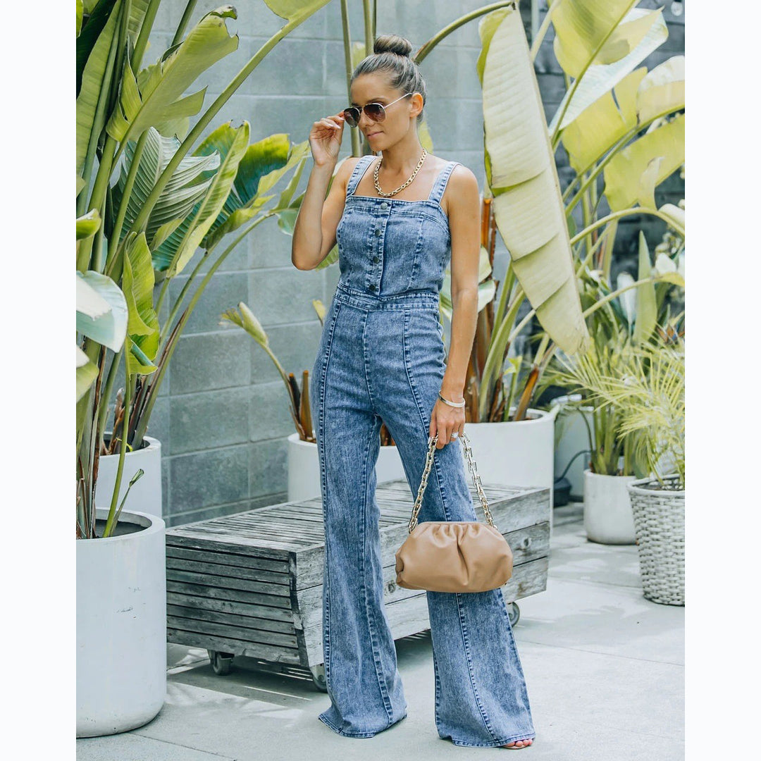 Damen Jumpsuit im lässigen Denim-Look mit weit geschnittenem Beinen und dekorativen Knöpfen Drune