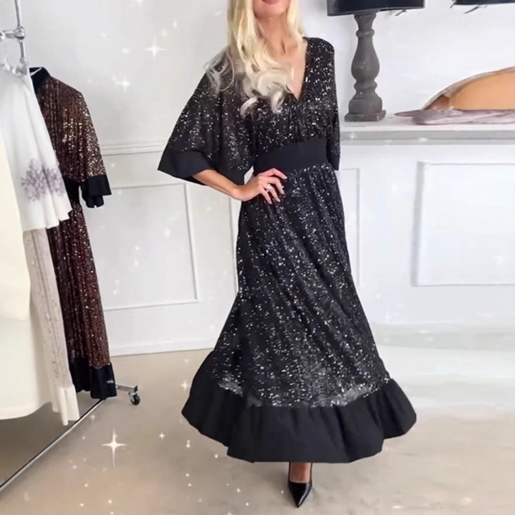 Damen nan schimmerndes Abend-Maxikleid mit Kimonoärmeln und taillenbetontem Bund Drune