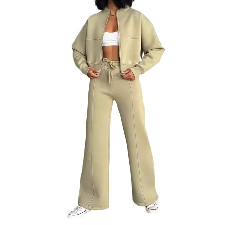 Damen nan kurz geschnittenes Blouson mit Reißverschluss und weiter High-Waist Jogginghose Set Drune