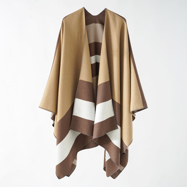 Damen Oversize-Ruana im Cape‑Stil aus Wolloptik mit geometrischen Blockstreifen Drune