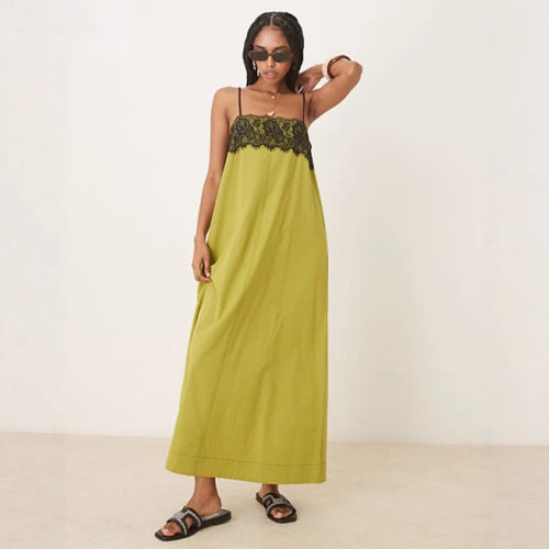 Damen nan nachtwäscheinspiriertes Maxikleid mit Spitzenbustier und schmalen Spaghettiträgern Drune