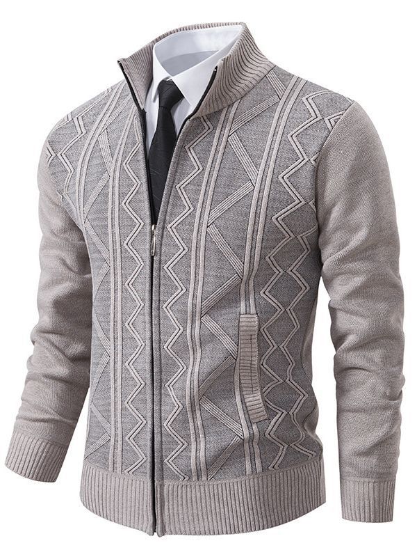 Herren modische Strickjacke mit strukturiertem Zopfdesign und hoher Stehkragen Drune