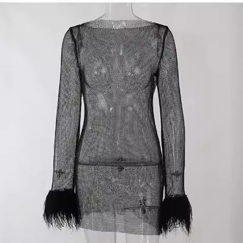 Damen Glitzerndes Minikleid mit schimmernden Pailletten und glamourösen Federärmeln Drune