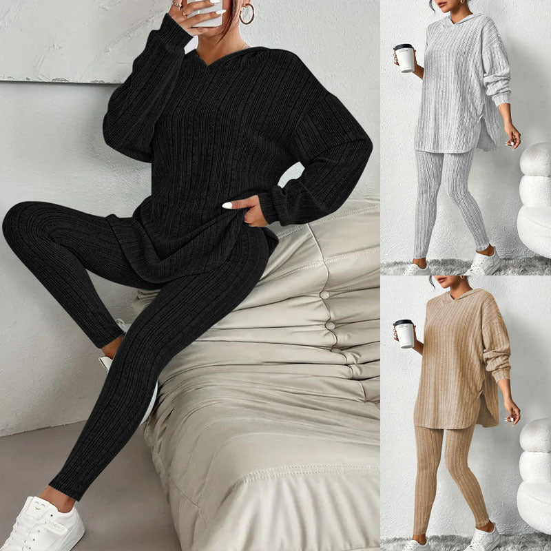 Damen Gerippter Lounge-Set aus Strick mit Oversize-Kapuzenpullover und High-Waist-Leggings Drune