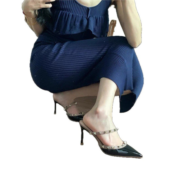 Damen Elegante spitz zulaufende Pantoletten mit doppeltem Nietenriemen und hohem Stiletto‑Absatz Drune