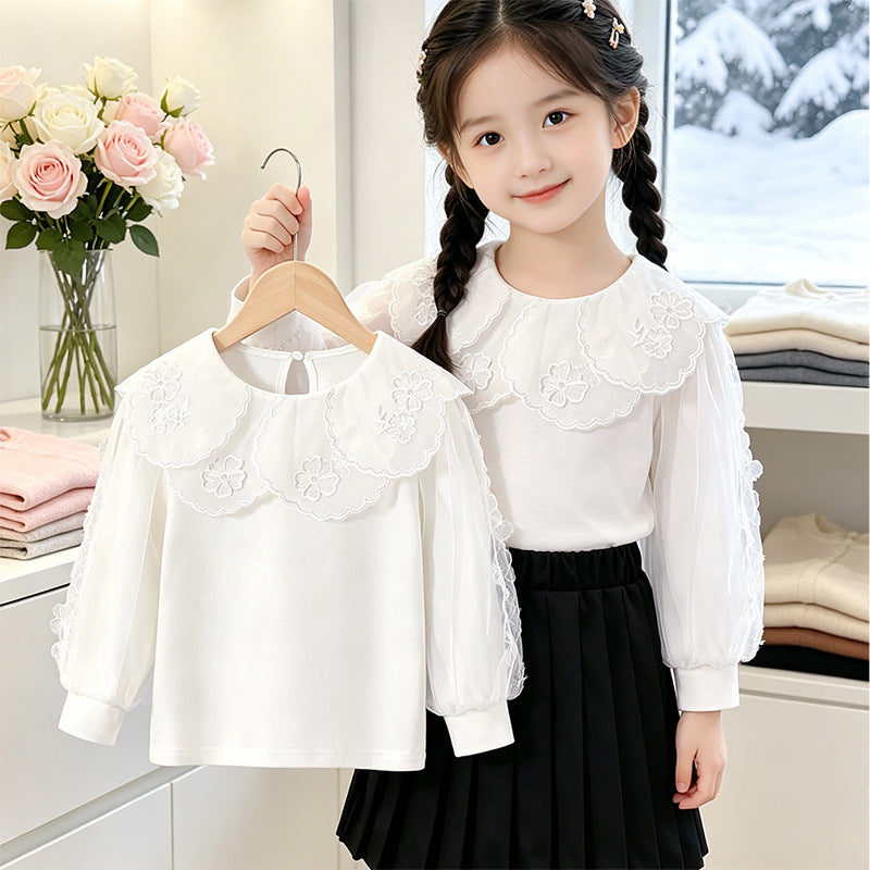 Mädchen elegante Bluse mit verzierter Rückenöffnung und Tüllärmeln Drune