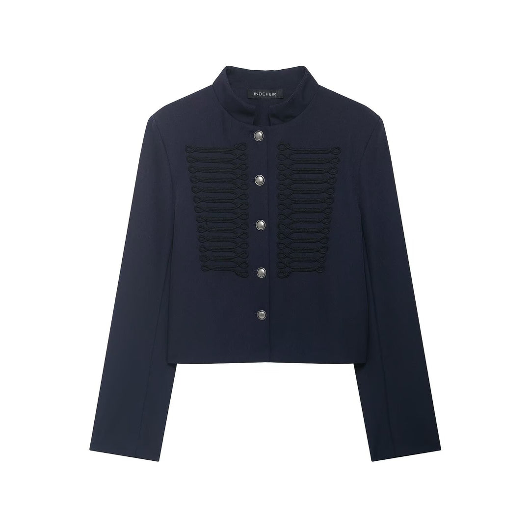 Damen Kurze Military Jacke mit Stehkragen, Zierkordeln und Metallknopfleiste Drune