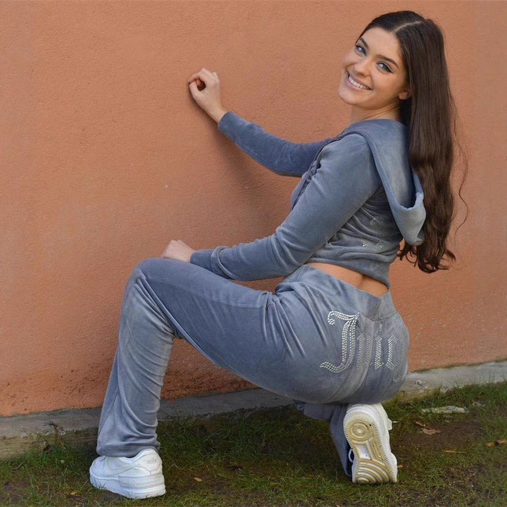 Damen luxuriöser Velours-Jogginganzug mit Glitzerakzenten und elastischem Bund Drune