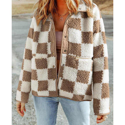 Damen Kuschelige Schafwolljacke mit modernen Karomustern Drune