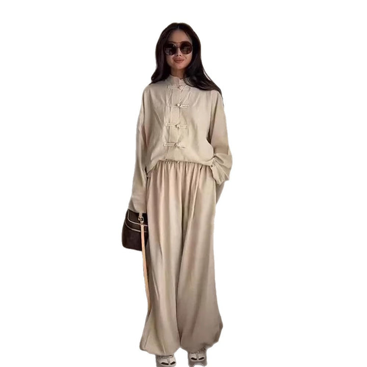 Damen Zweiteiliges Oversize Lounge‑Set mit Stehkragen und dekorativen Knotenverschlüssen Drune