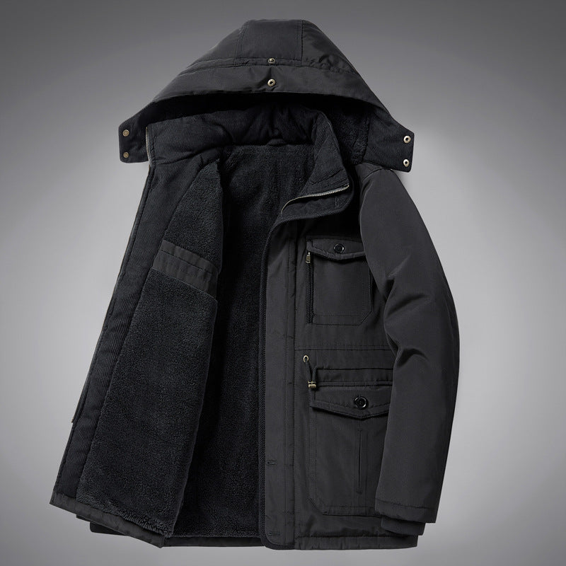 Herren  kälteproof Kapuzenparka mit vollem Sherpa-Innenfutter, Samtkragen und multifunktionalen Taschen Drune