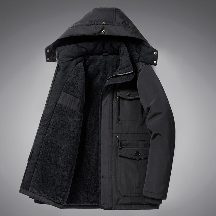 Herren  kälteproof Kapuzenparka mit vollem Sherpa-Innenfutter, Samtkragen und multifunktionalen Taschen Drune