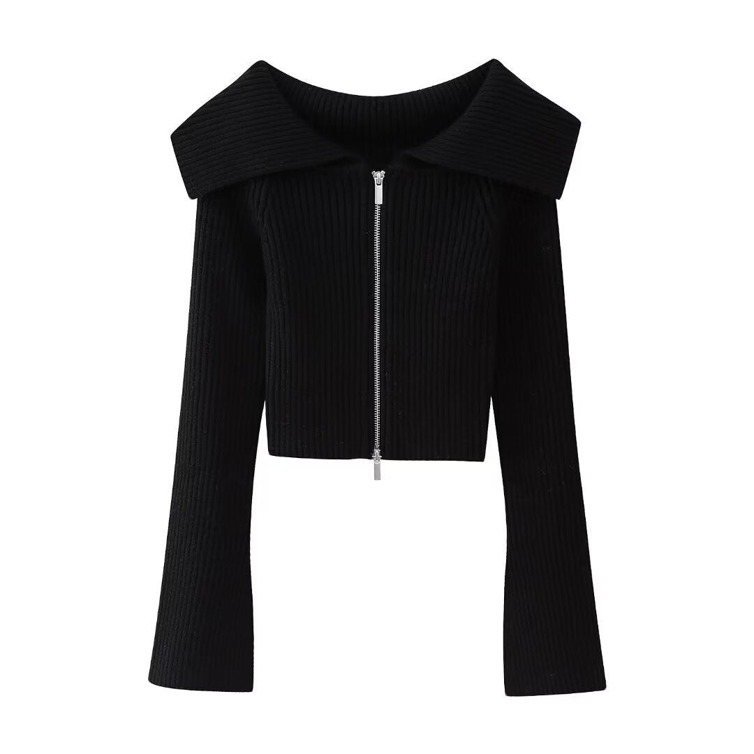 Damen Kurz geschnittene Rippenstrick-Jacke mit weitem Carmenkragen und durchgehendem Reißverschluss Drune