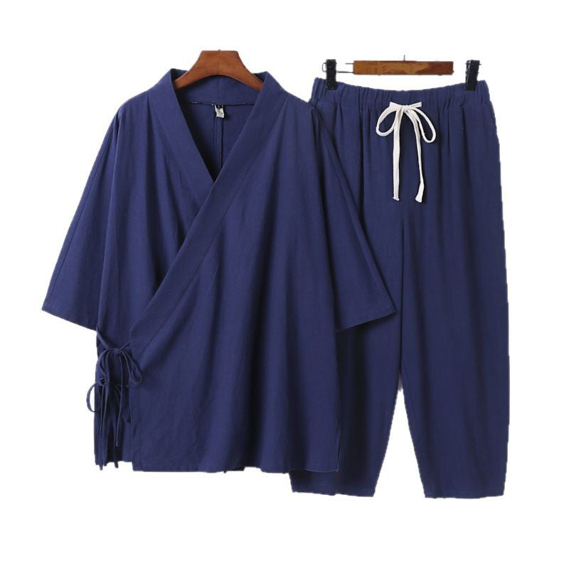 Herren Kimono-Loungewear-Set mit Wickeloberteil, Kordelbundhose und lockerer Passform Drune
