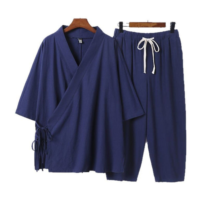 Herren Kimono-Loungewear-Set mit Wickeloberteil, Kordelbundhose und lockerer Passform Drune