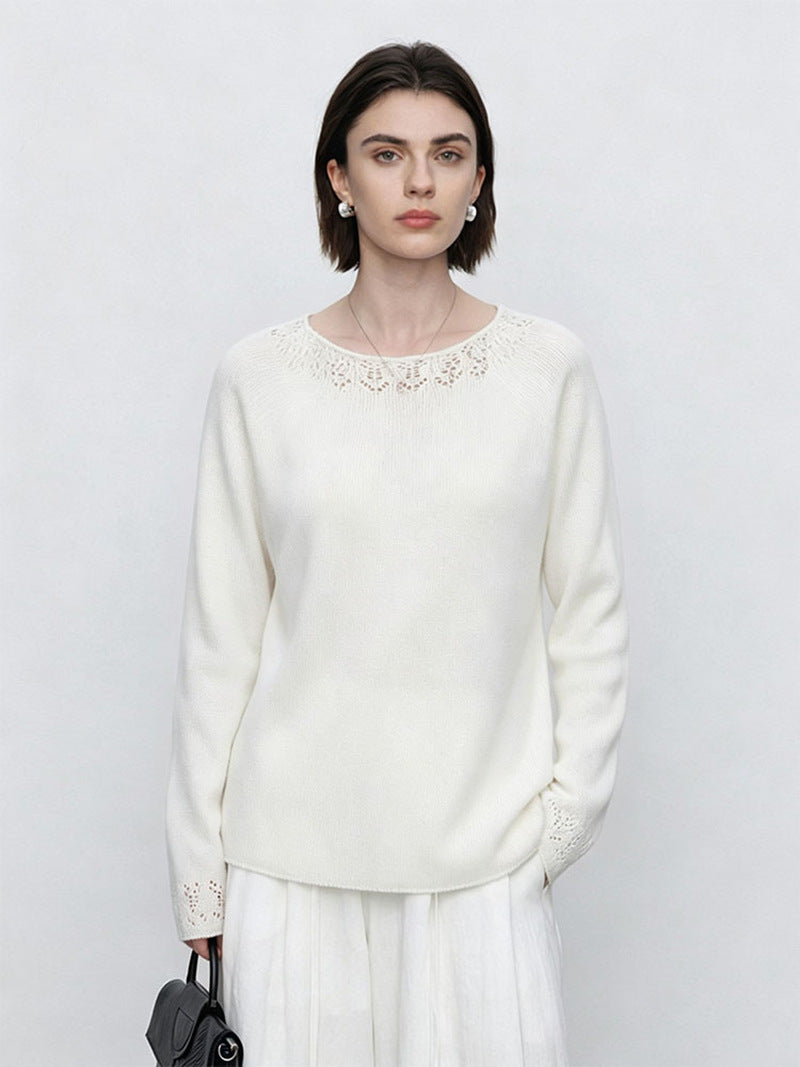 Damen Feiner Rundhals-Pullover mit Spitzenstrick-Detail Drune
