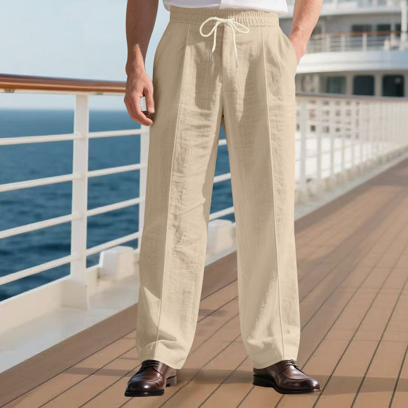 Herren nan legere Leinen-Bundfaltenhose mit elastischem Bund und Kordelzug Drune