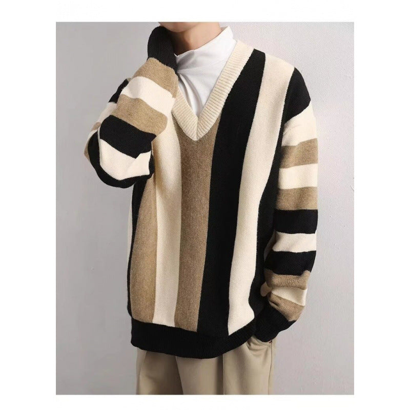 Herren Modischer Grobstrickpullover mit V-Ausschnitt Drune