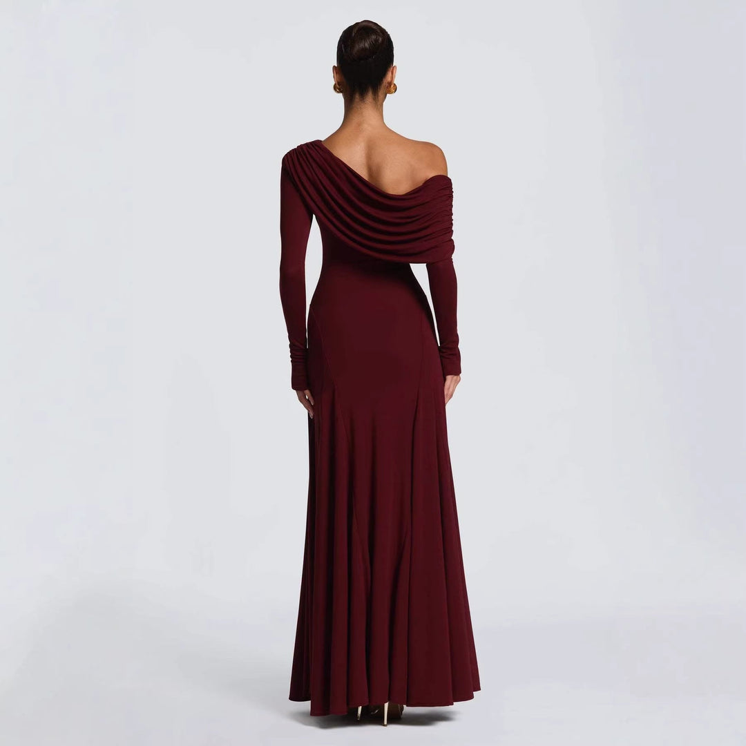 Damen Elegantes Langarm-Maxikleid mit asymmetrischem Drapierungsdetail Drune