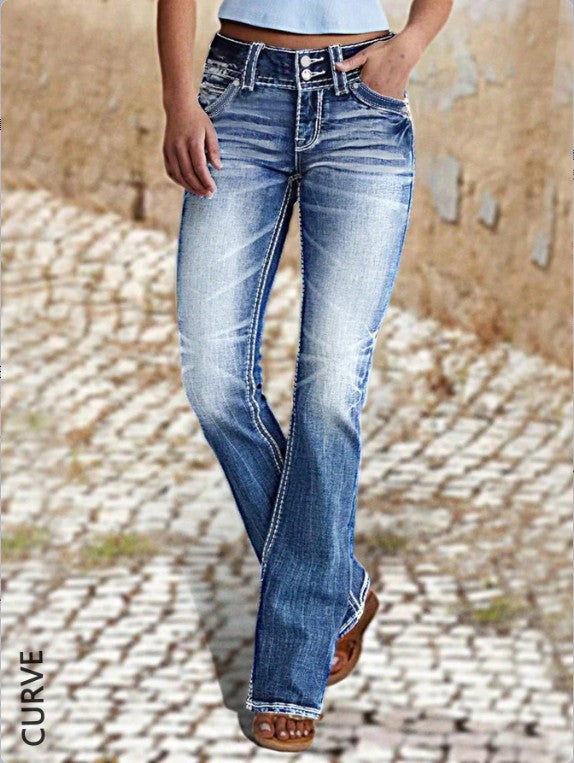 Damen Bootcut-Jeans mit sculptendem V-Bund, dekorativer Kontraststeppung und Vintage-Wash Drune